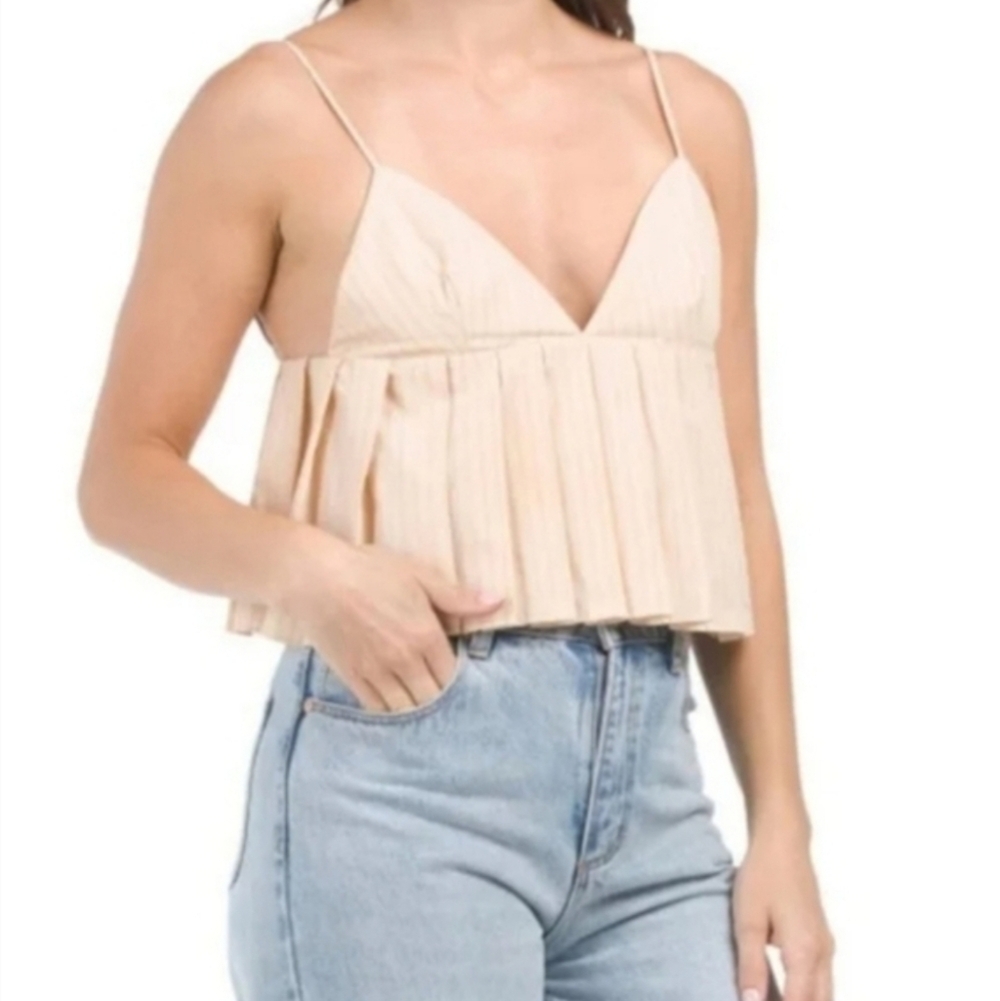Zara Spaghetti Straps Stipe Pleated Cropped Top